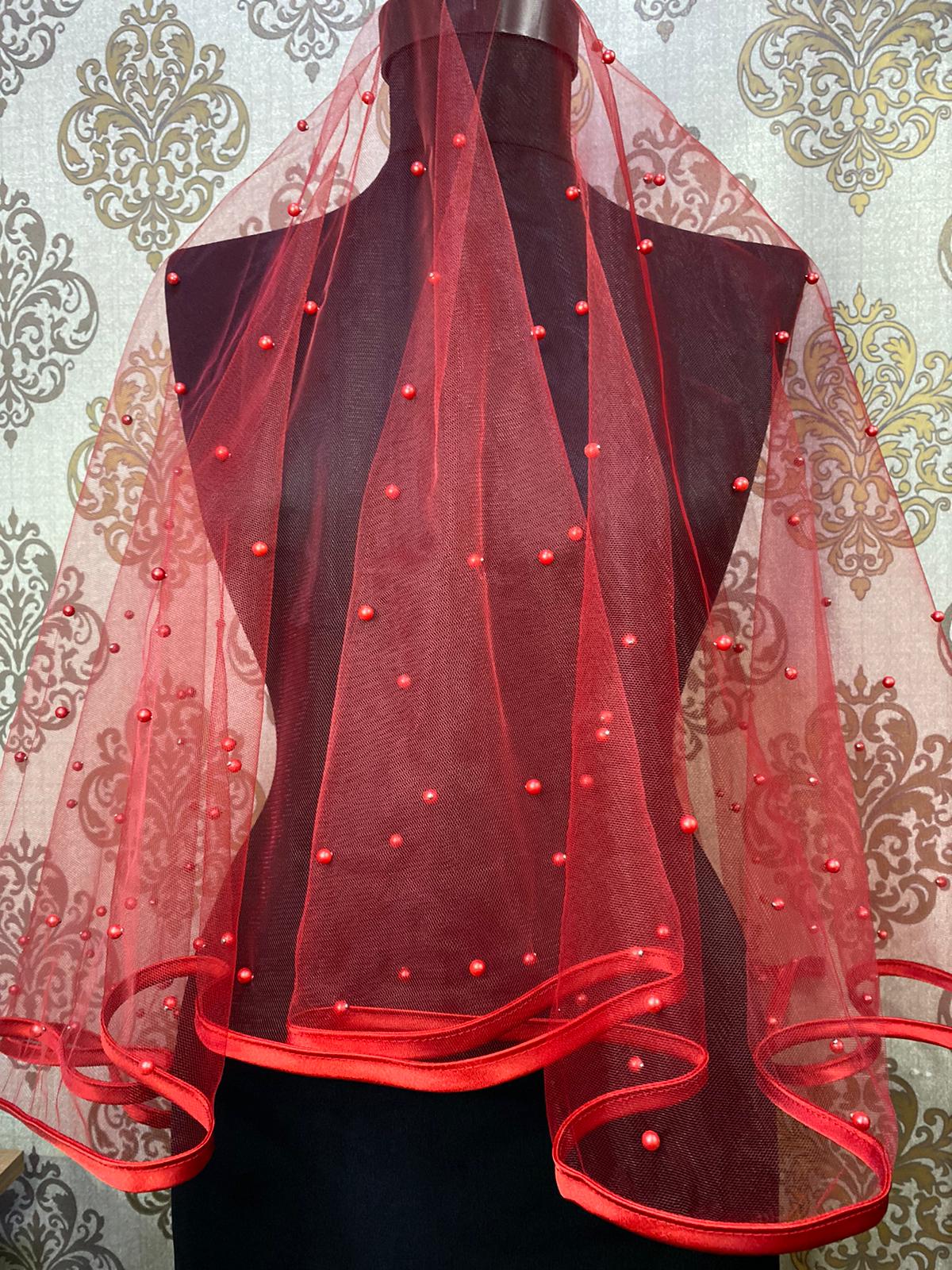 Kırmızı İncili Biyeli Duvak Set