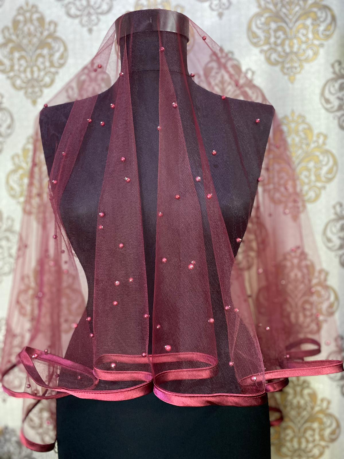 Bordo İncili Biyeli Duvak Seti