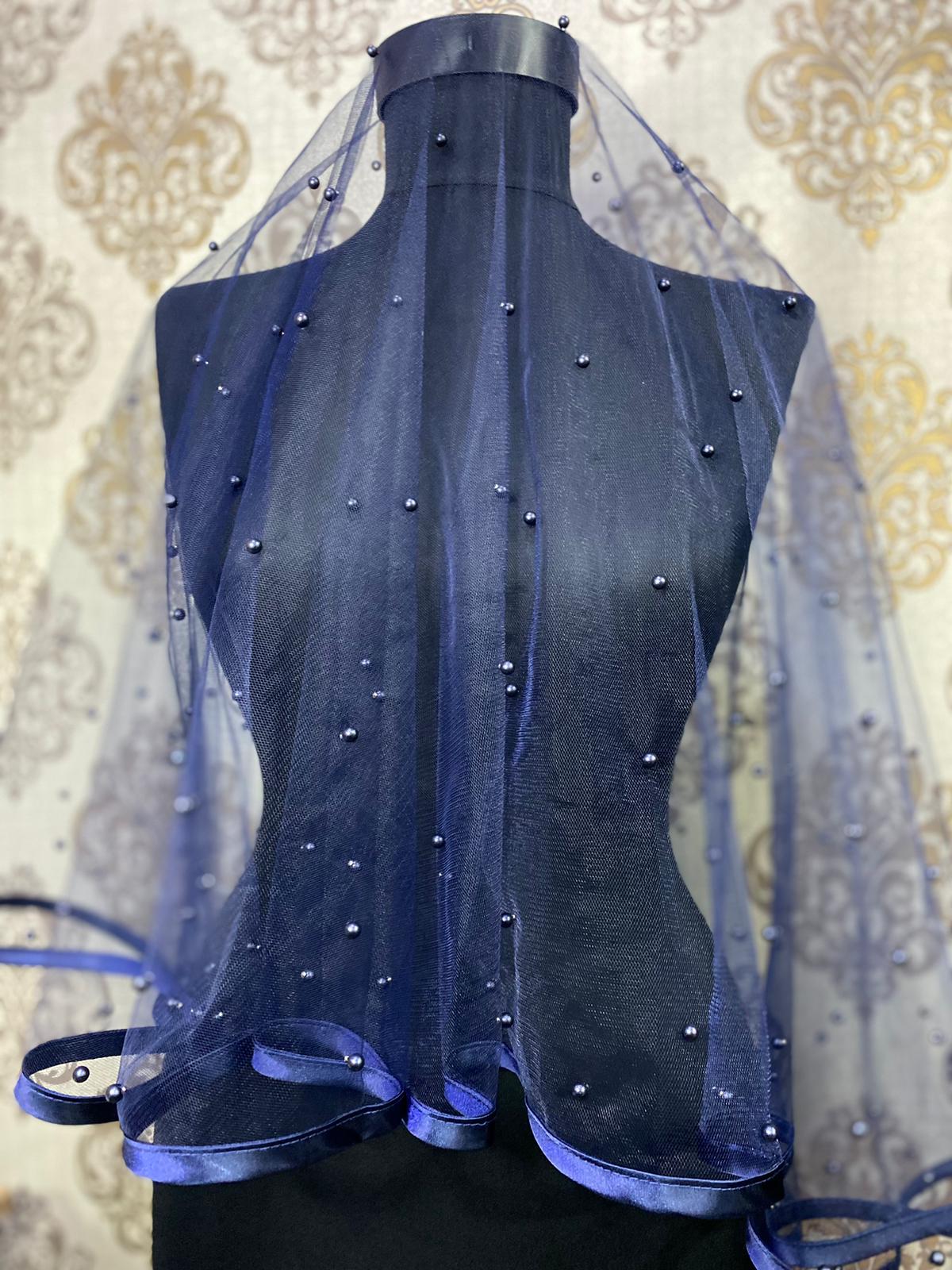 Lacivert İncili Biyeli Duvak Seti