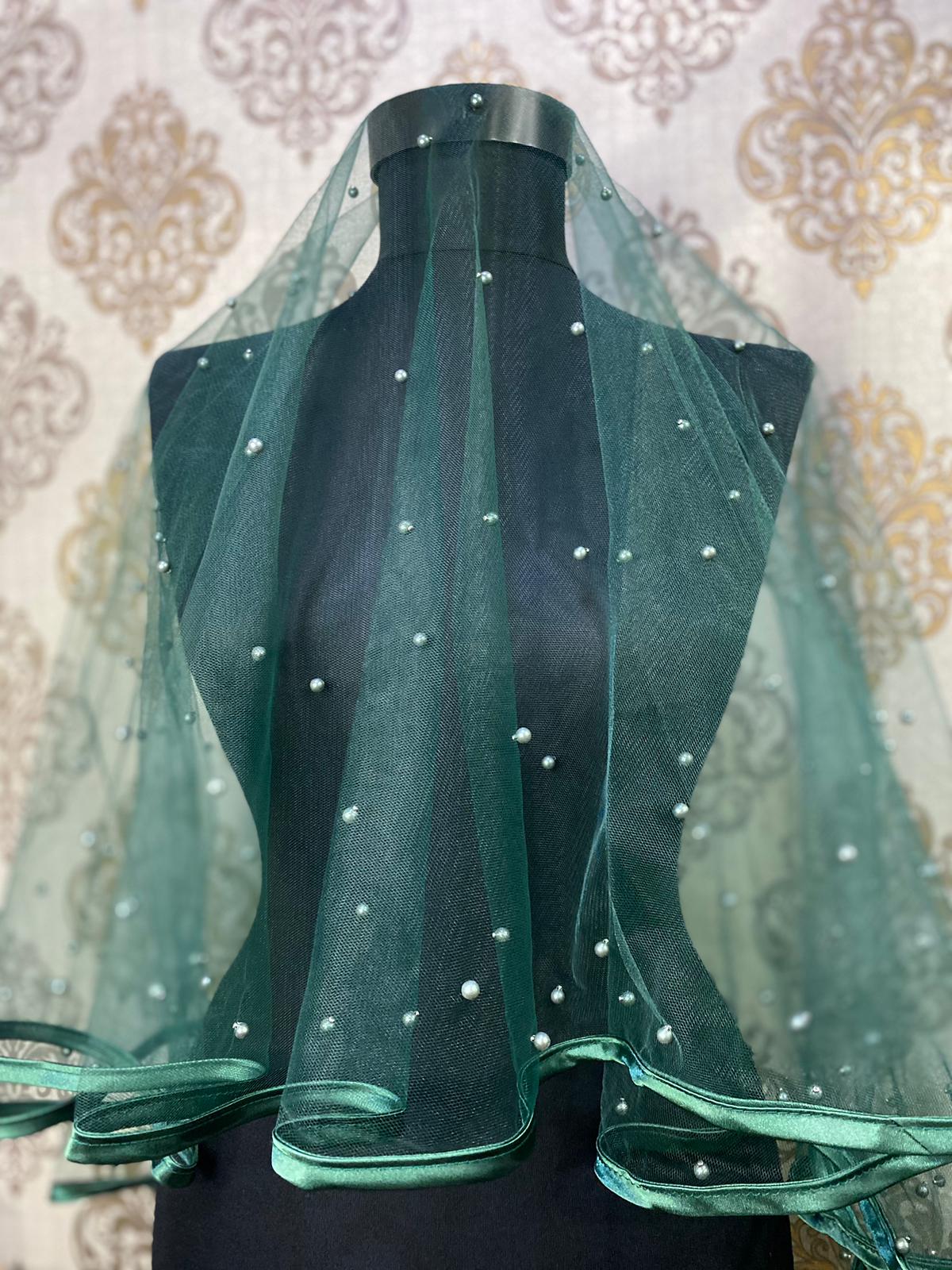 Zümrüt Yeşili İncili Biyeli Duvak Seti