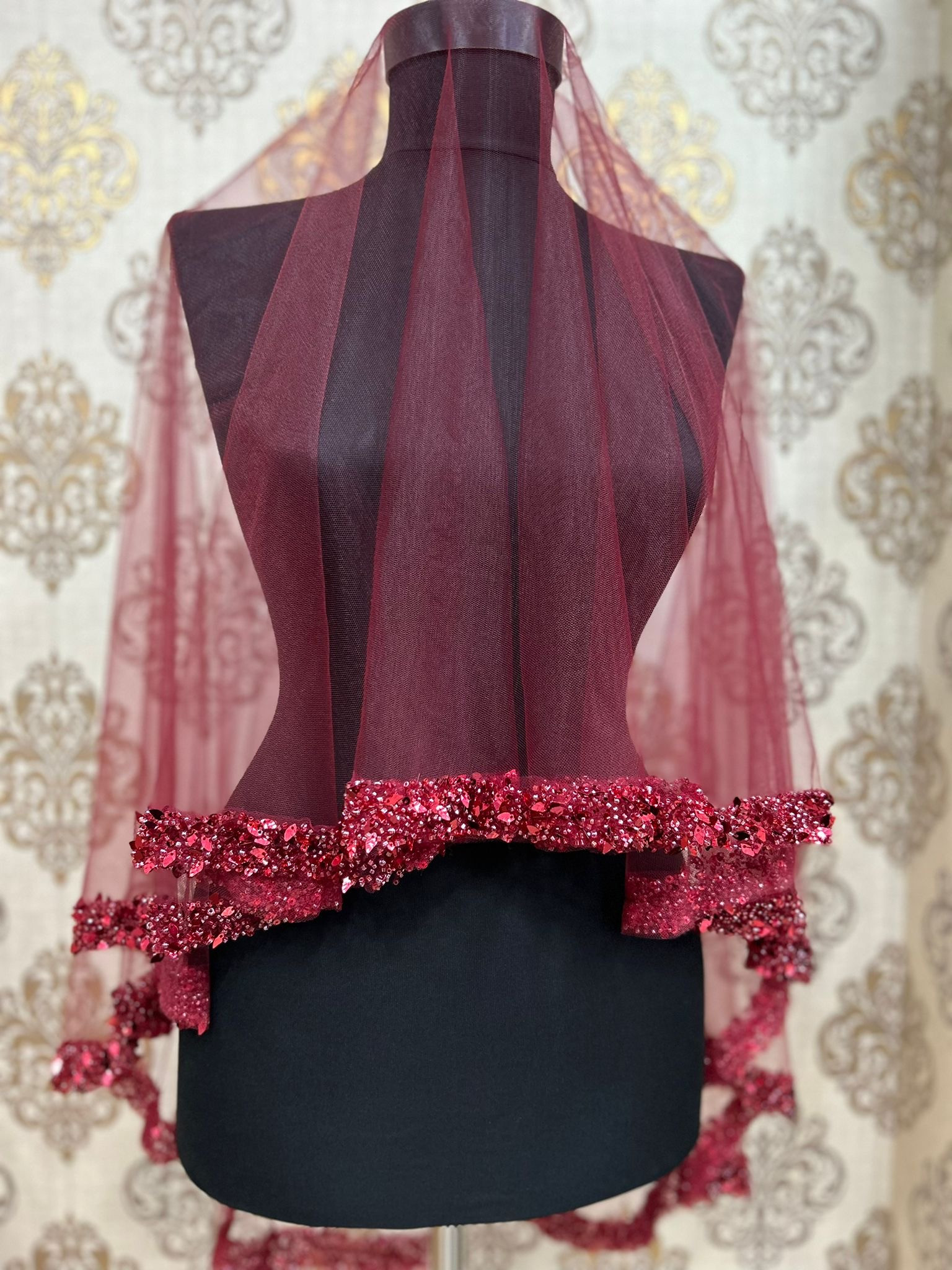 Bordo Yaprak Duvak Seti