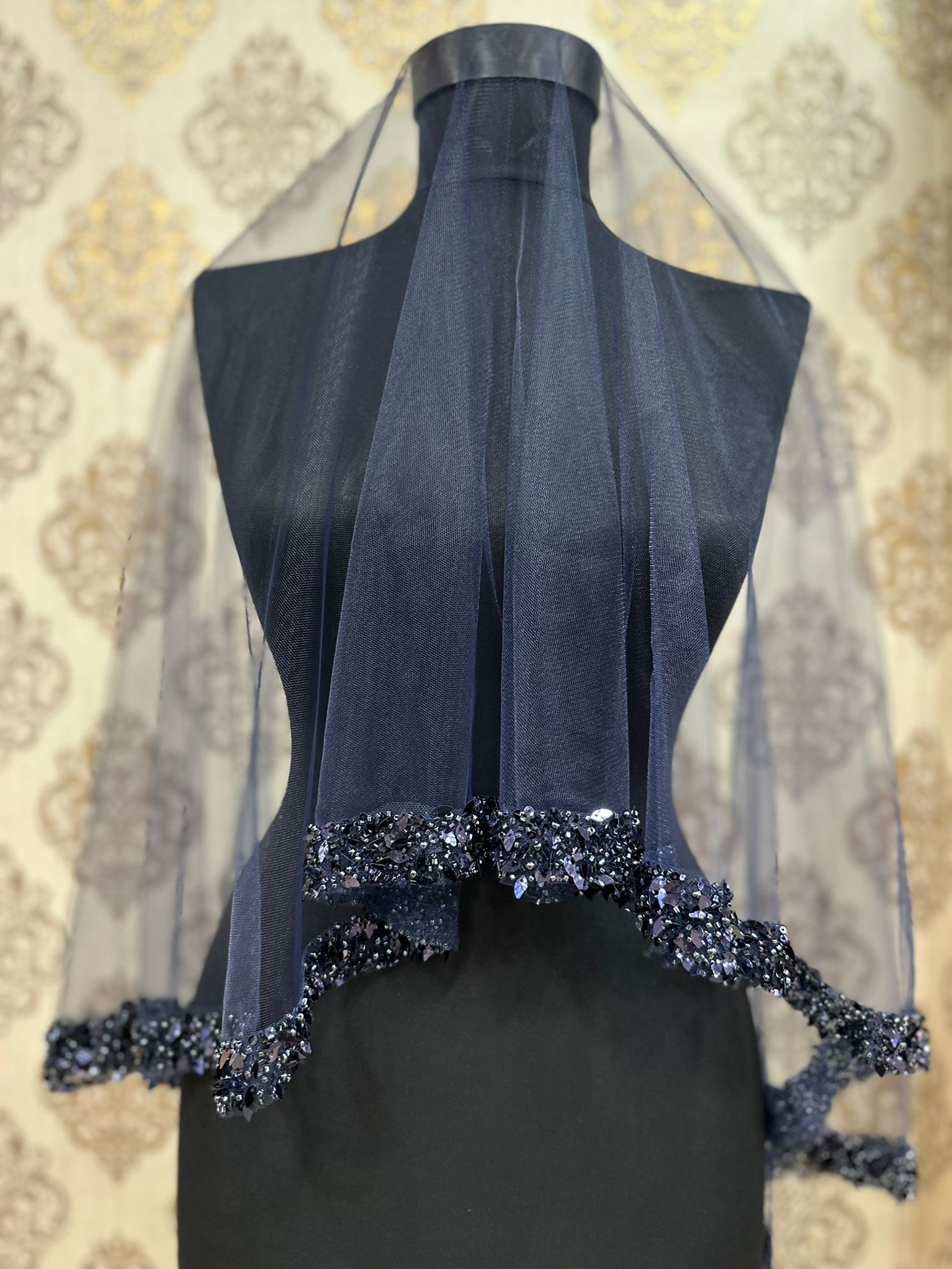 Lacivert Yaprak Duvak Seti