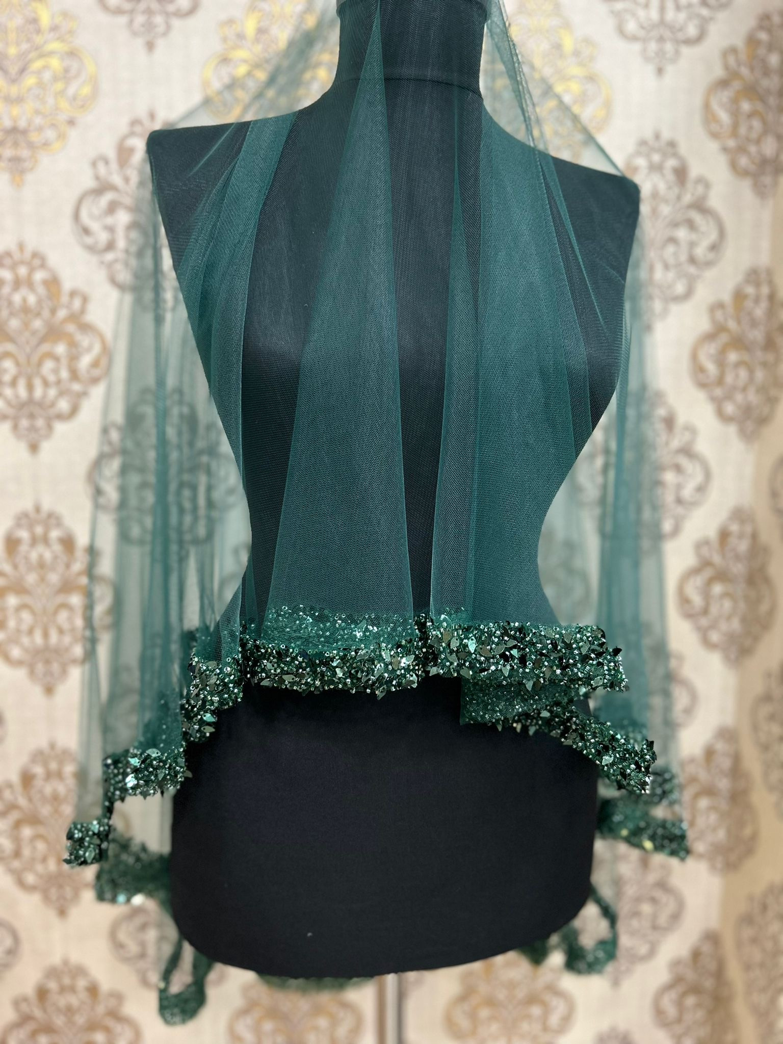 Zümrüt Yeşili Yaprak Duvak Set