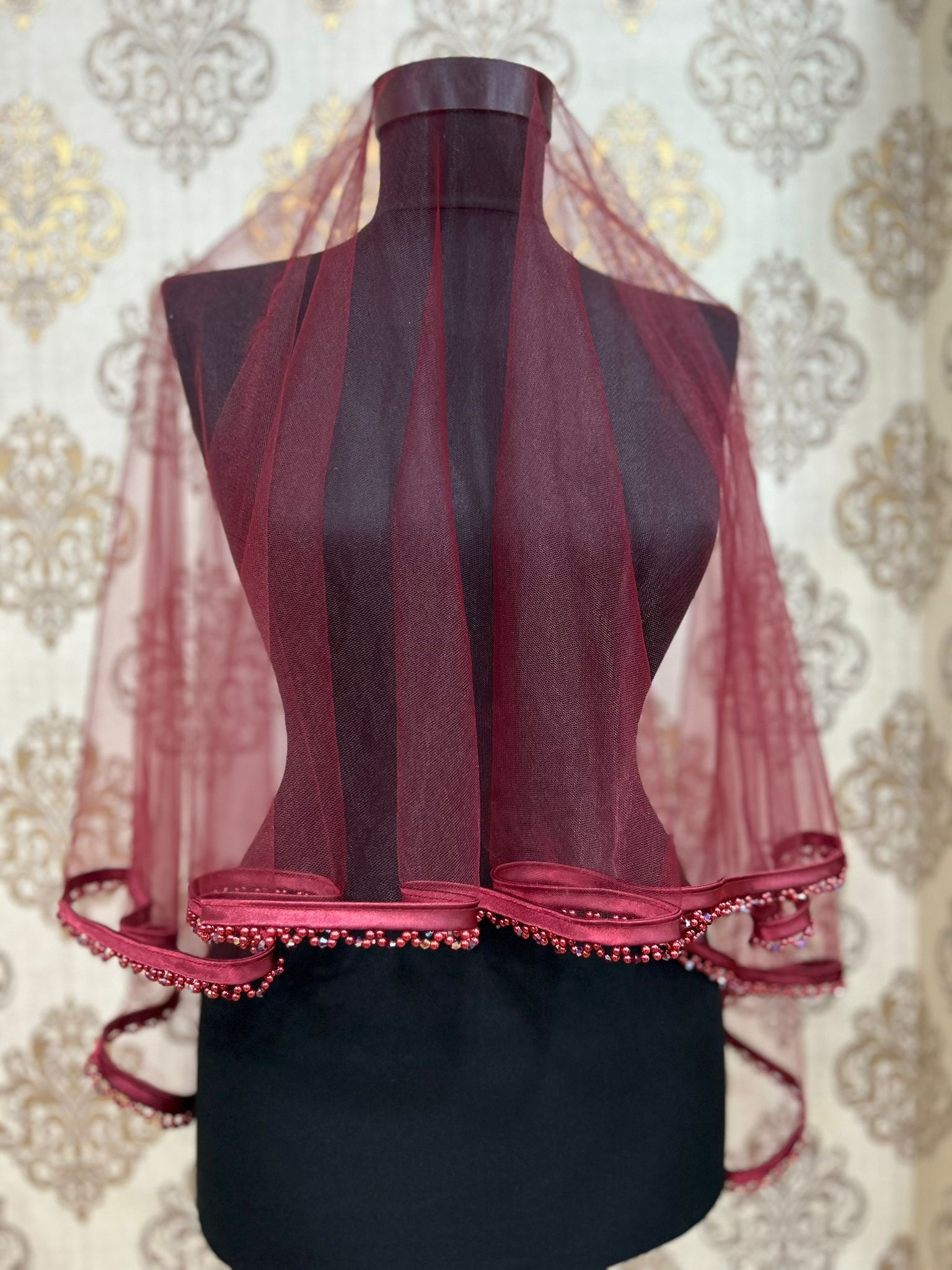 Bordo Biyeli Taşlı Duvak Seti