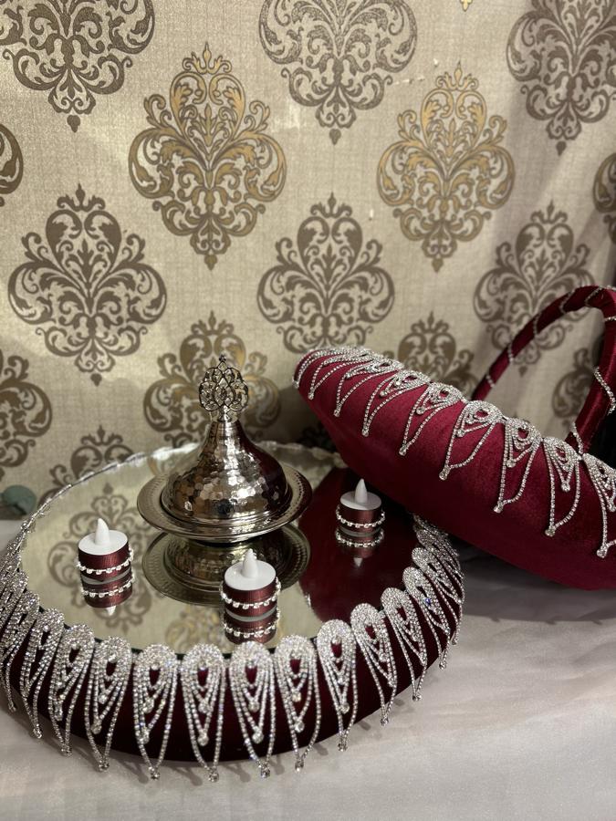 Bordo Taşlı Sepet ve Tepsi