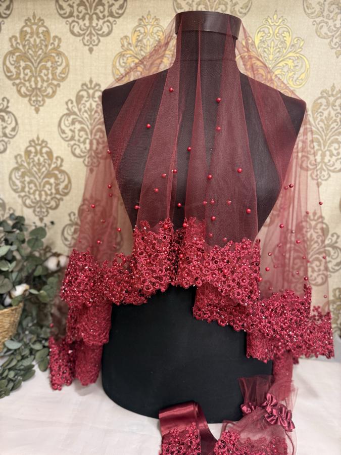 Bordo İncili Papatya Duvak