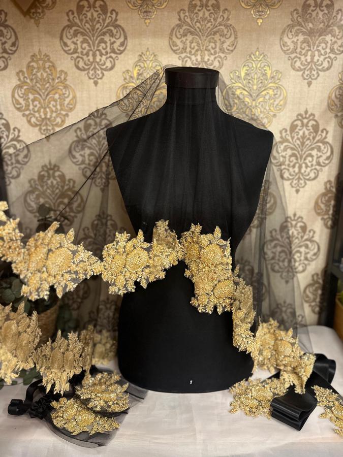 Siyah Tül Gold İşlemeli Gelin Duvak